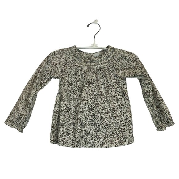 Edgehill Collection Girls 4T Floral Long Sleeve Blouse 100% Cotton Grey White Pi - Picture 1 of 8